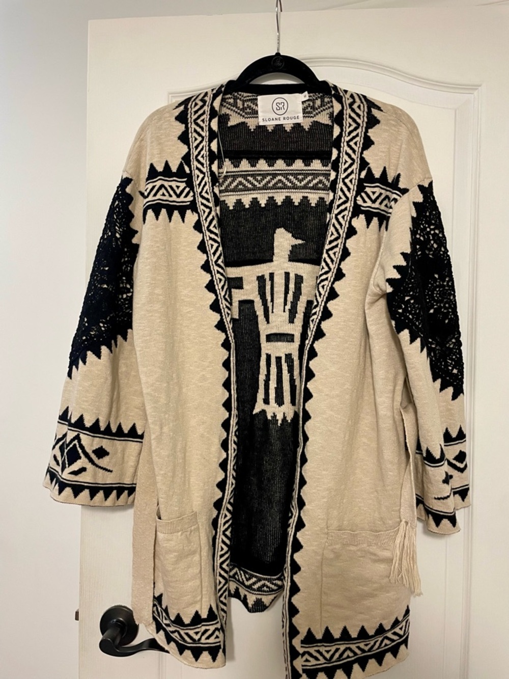 Beige and Black Aztec Open-Front Cardigan Sweater Size Medium.